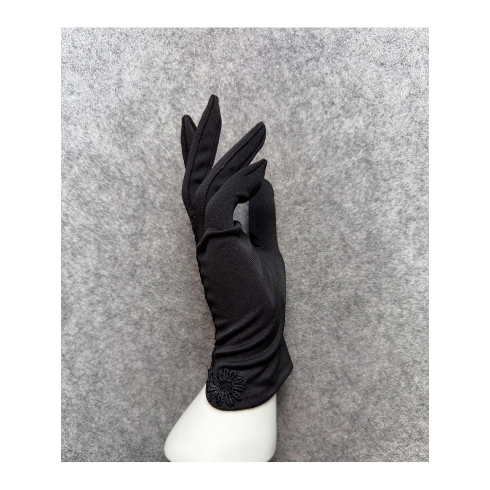Miss Aris Vintage Black Stretch Nylon Gloves Floral Embroidery Wrist Length